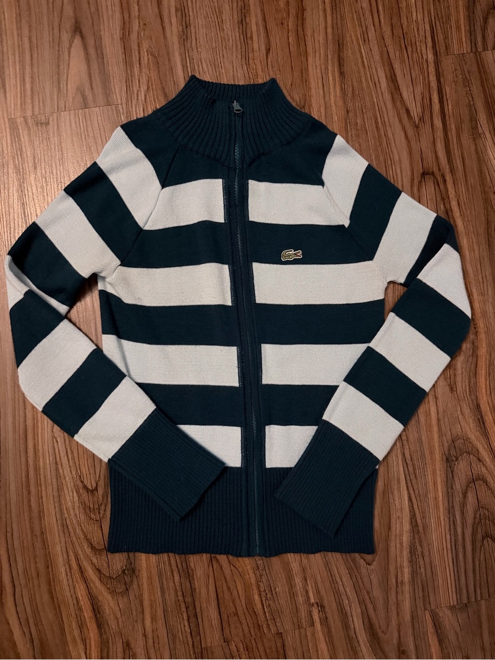 Lacoste Boy’s Teal and Light Blue Striped Full-Zip Sweater